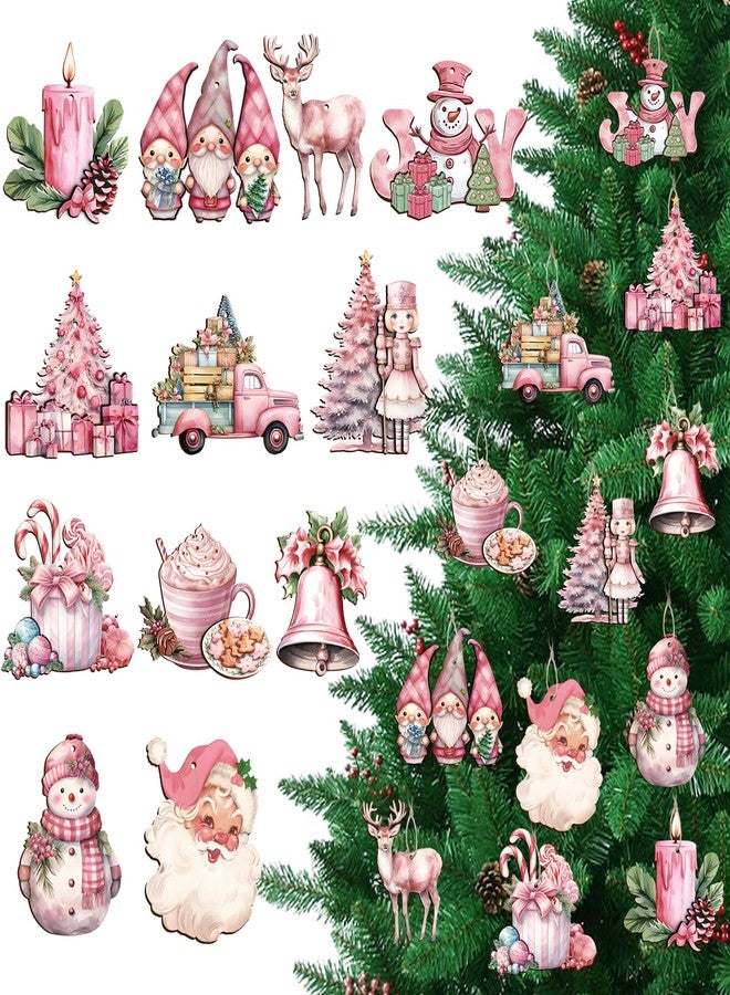 OOINQQ 36Pcs Pink Christmas Tree Hanging Ornaments, Wooden Christmas Ornaments for Tree Vintage Rustic Xmas 3D Wooden Hanging Pendants Tags for Winter Holiday Christmas Tree Home Party Decorations - Image 1